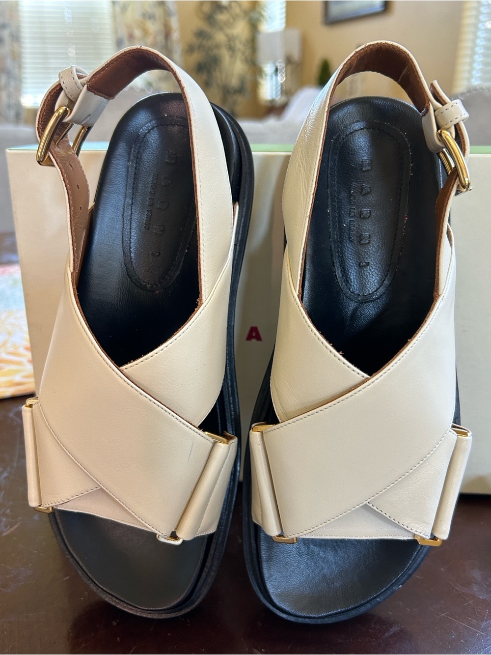 Marni Cream Leather Cross-Strap Slingback Sandals with Black Footbed